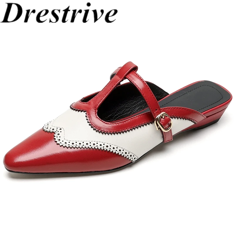 

Drestrive 2025 Fashion Mules Sheepskin Pointed Toe Mid Heels Slippers Handmade Summer Shoes Women's Pumps Buckle Mary Janes