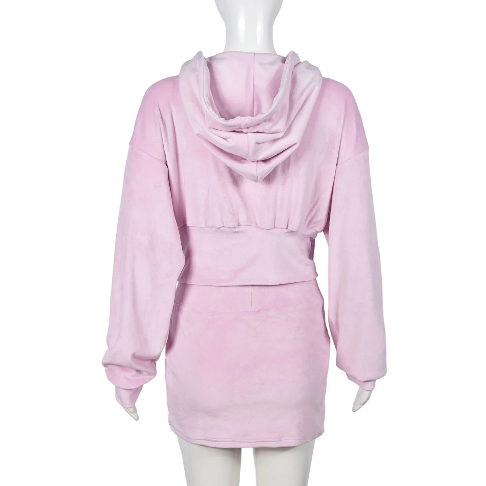 Two Piece Set Women Velvet Pink Tracksuits Sexy Long Sleeve Slim Hooded Jackets Sweatshirt+High Waist Drawstring Mini Skirt