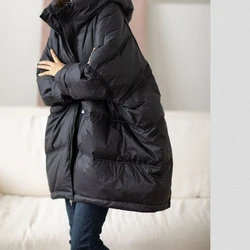 2024 New Winter Women White Duck Down Loose Jacket With Hood Female Thick Warm Outwear Casual Over Size Patchwork Coats