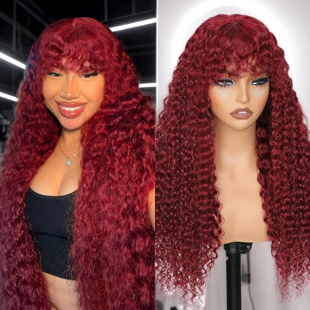 

99J Burgundy Curly Wig With Bangs Human Hair Deep Water Wave Wear And Go Glueless Color Wigs Red Brazilian Wig Full Machine Made