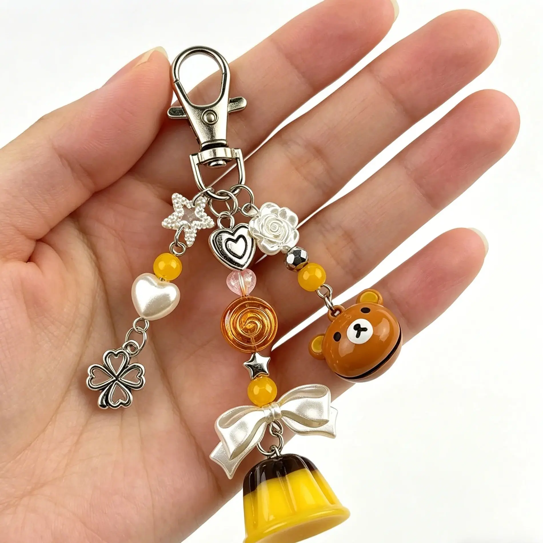 Handmade Y2K Pudding Keychain Cute Cartoon Pudding Bear Bell Phone Charm Pendant for Women Girls Bag Accessory Gift
