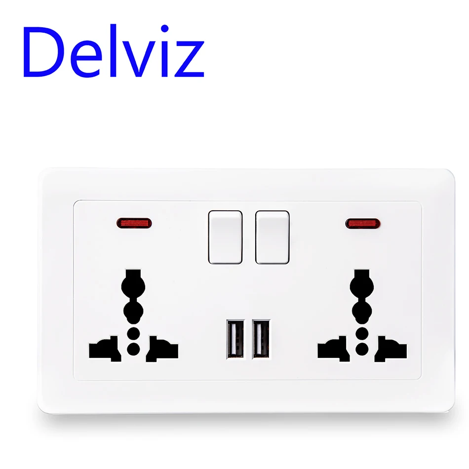 Delviz Wall 13A Power Socket +USB Global Universal 3 Hole UK Standard Switched Outlet, 2.1A Dual USB Charger Port On-Off Control