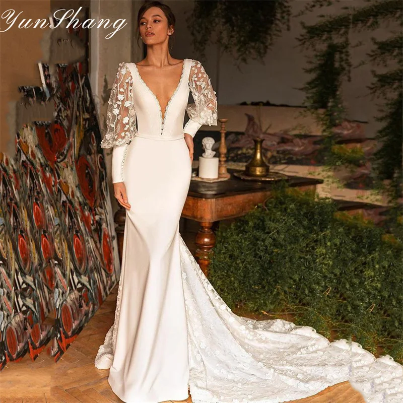 Yunshang-Vestido De Novia De sirena para mujer, prenda elegante De manga larga con cuello en V, espalda abierta, apliques De encaje, tren De barrido