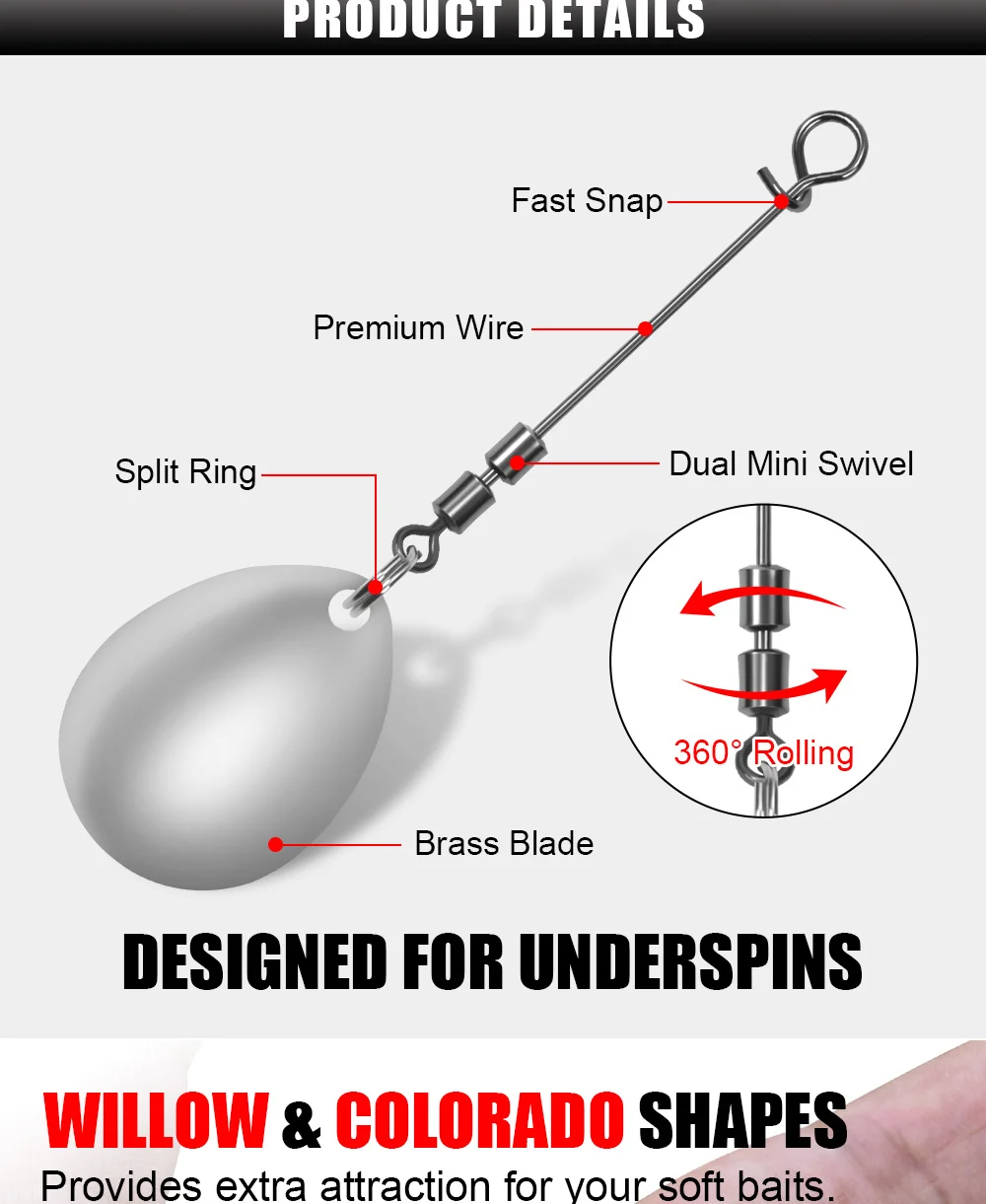 Palisander Messing Splitter Weide Colorado Spinner Klinge mit Wirbel für Offset Haken Harten Köder Löffel Regenschirm Rig DIY Angelgerät – Detail 3