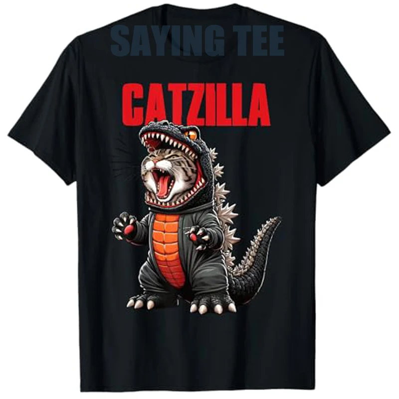 Cute Kitty Catzilla T-Shirt for Cat Moms & Dads Boys Fashion Japanese Anime Kitten Y2k Design Graphic Outfit Street Novelty Gift