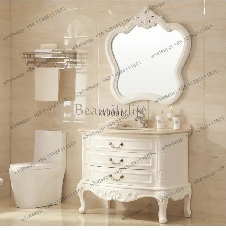 European bathroom cabinet combination oak solid wood floor-to-ceiling bathroom cabinet, small apartment hand wash basin
