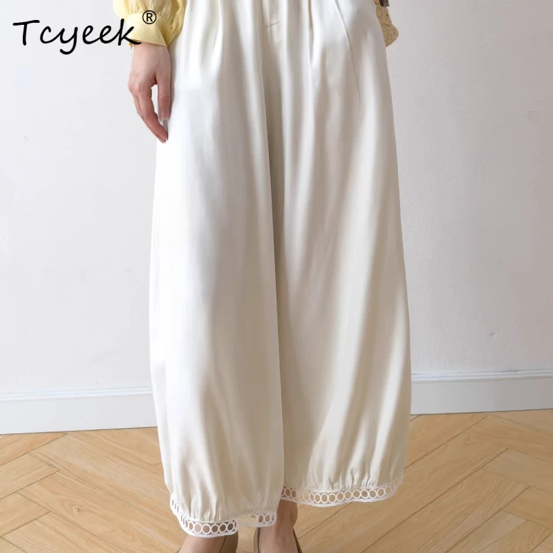 

Tcyeek 100% Real Mulberry Silk Ninth Trousers Women 2026 Elastic Waist Bloomers Breathable Streetwear Woman Pantalon Pour Femme