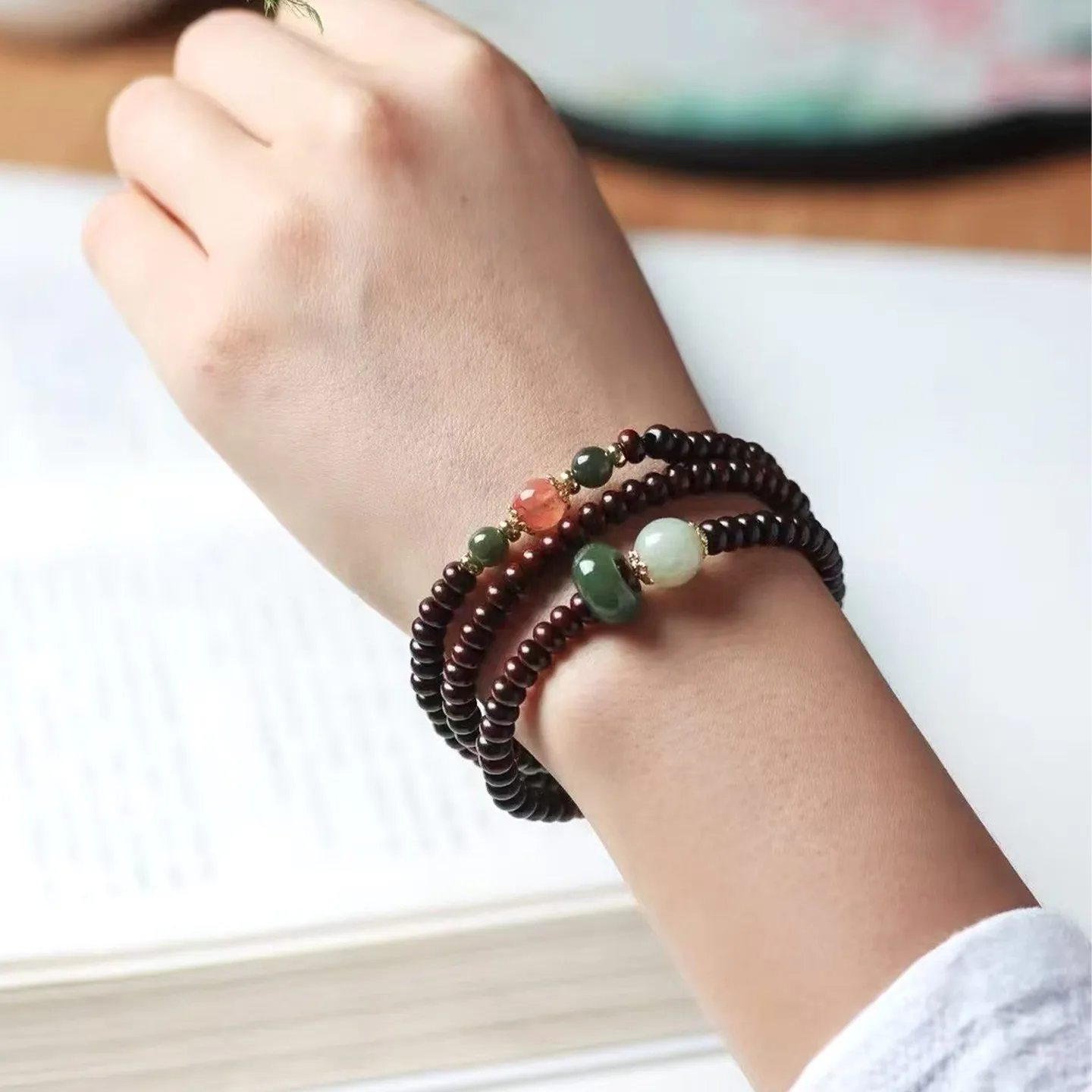 Natural Small Leaf Rosewood Bracelets: New Chinese Style Sandalwood Beads with South Red Agate & Hetian Jade, Unisex Gifts