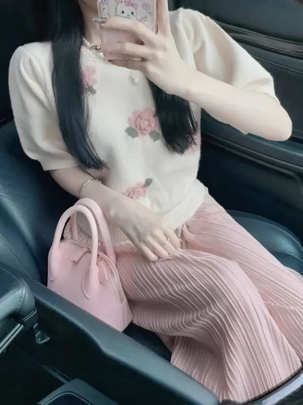 

2026 Summer Pink Rose Three-dimensional Flower Right Shoulder Puff Sleeve Short Sleeve T-shirt Sweater Tops for Women Short