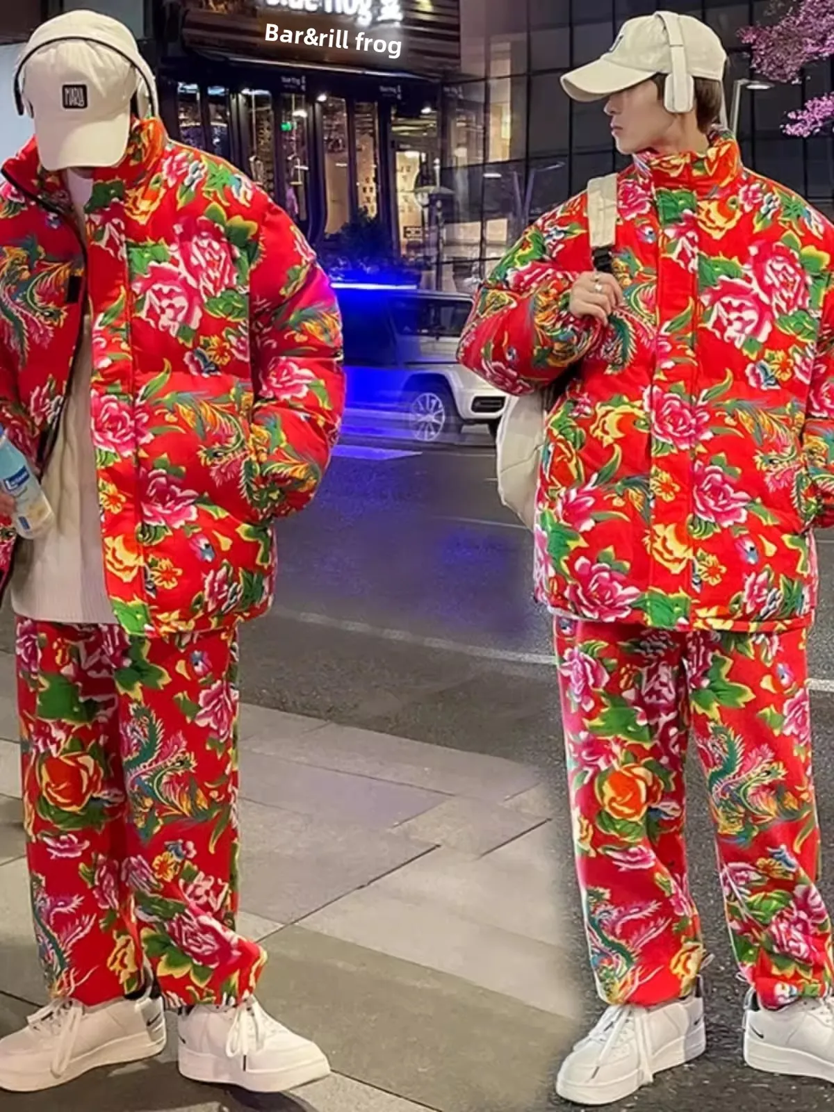 

Thiened Northeast Big Flower Coat Set Men's Winter Cotton Jaet And Pants Couple's National Trend Peony Flower Pattern