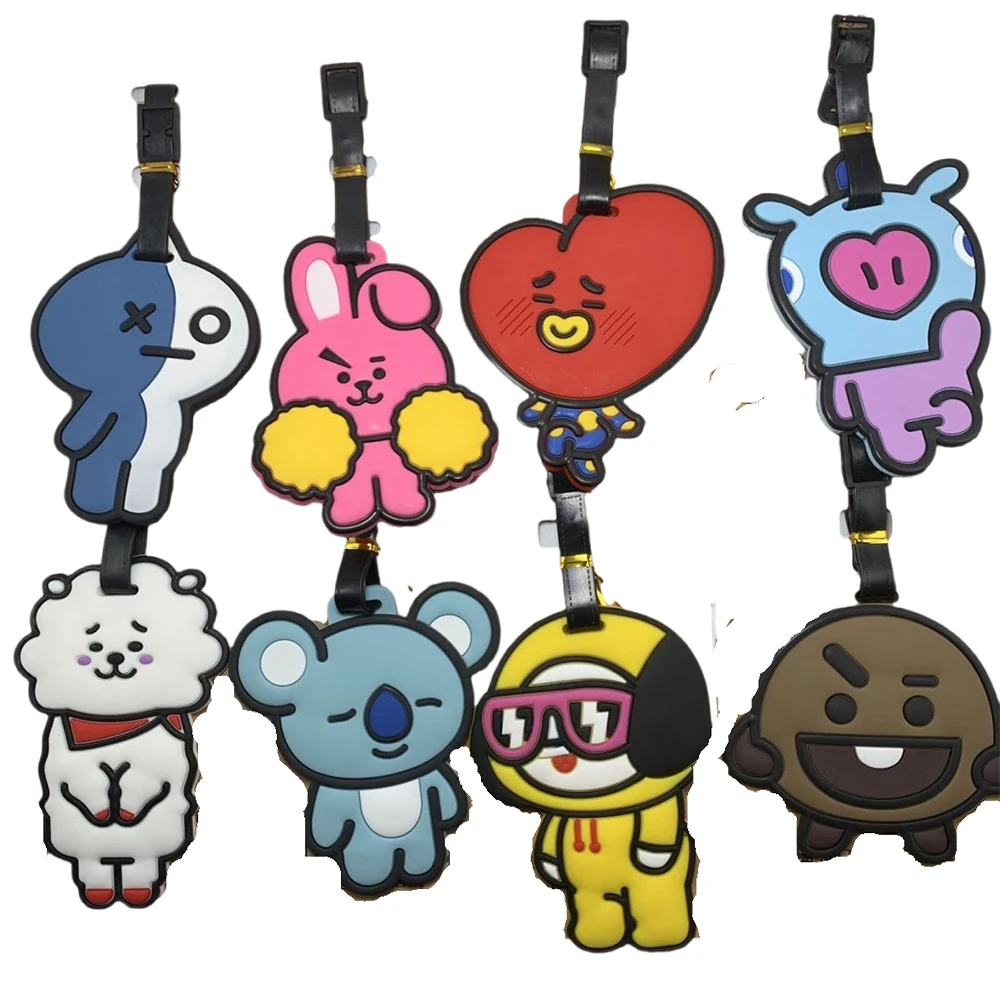 Etiquetas de equipaje Kawaii BT21, etiquetas de identificación para equipaje de viaje, se pueden escribir textos en la parte posterior, CHIMMY COOKY KOYA TATA, juguetes de anime.