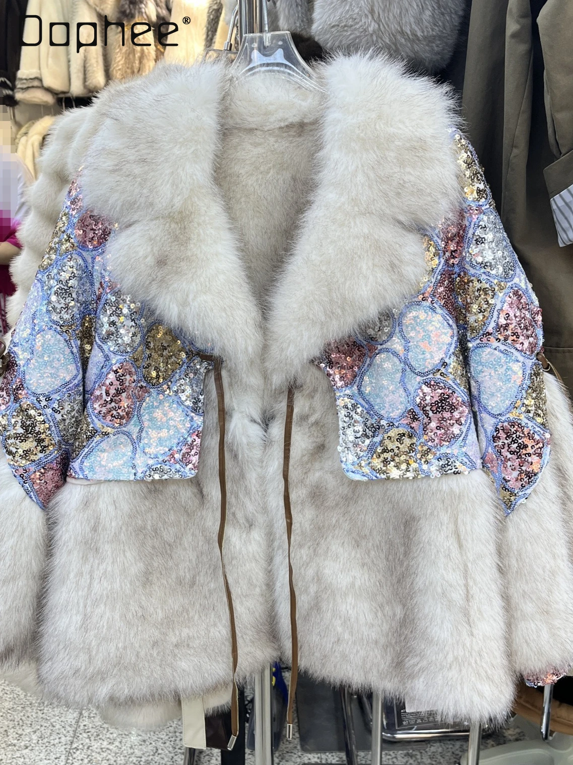 

Европейский стиль, большой меховой воротник, красочные лацканы с блестками, экологически чистая шуба, зимняя новая мода, ретро, тяжелый свободный толстый искусственный мех