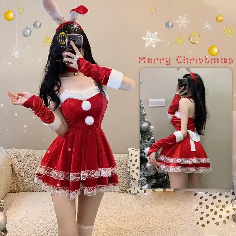 Wat22 คริสต์มาสสีแดงSantaคอสเพลย์เครื่องแต่งกายกระต่ายสีชมพูเซ็กซี่ชุดCanaryกํามะหยี่ลูกไม้กระโปรงHeadbandถุงมือที่ไม่มีสายหนังใหม่ 2025 AA