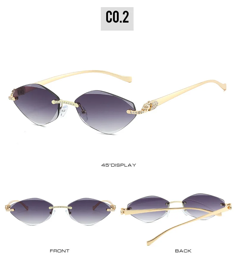 Neue Ins-Famous randlose Cat-Eye-Sonnenbrille – dünner Goldmetallrahmen mit Strasssteinen, UV-Schutz, trendige Farbtöne – Detail 8