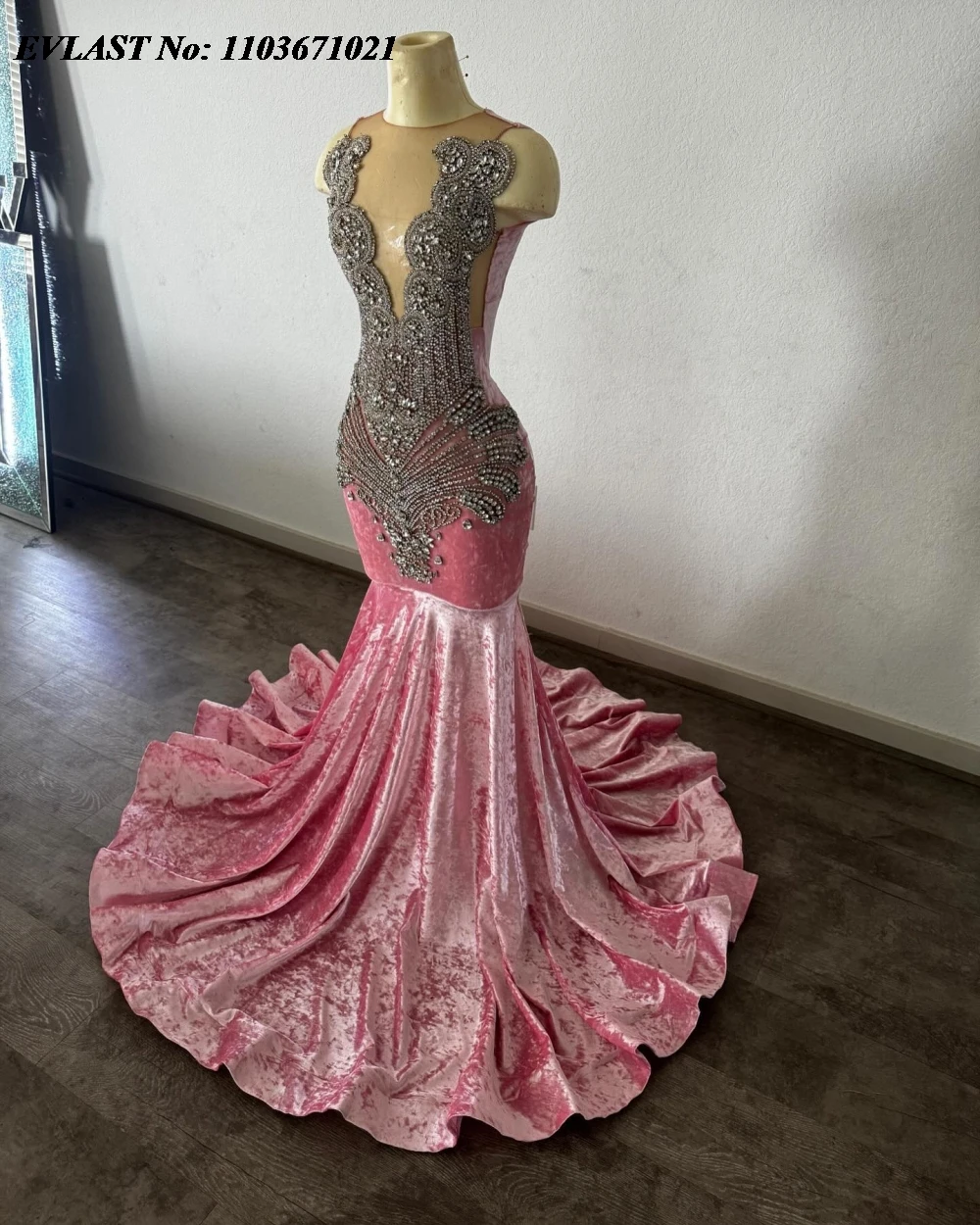 EVLAST-vestido De graduación largo De terciopelo rosa brillante para niñas negras, vestido De Gala De fiesta africano con cuentas De cristal De plata 2024, batas De Soirée P114