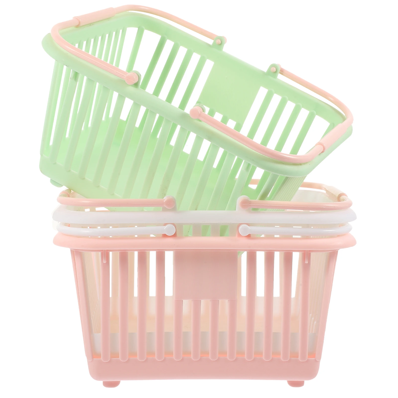 

3pcs Storage Baskets Plastic Fruit Organizer with Handles Portable Pastel Pink Green White Grocery Hollow Desktop Basket