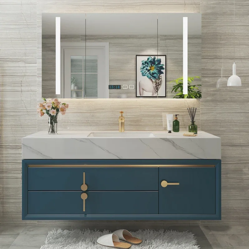 Solid wood light luxury bathroom cabinet double basin sink integrated basin cabinet combination double rock slab