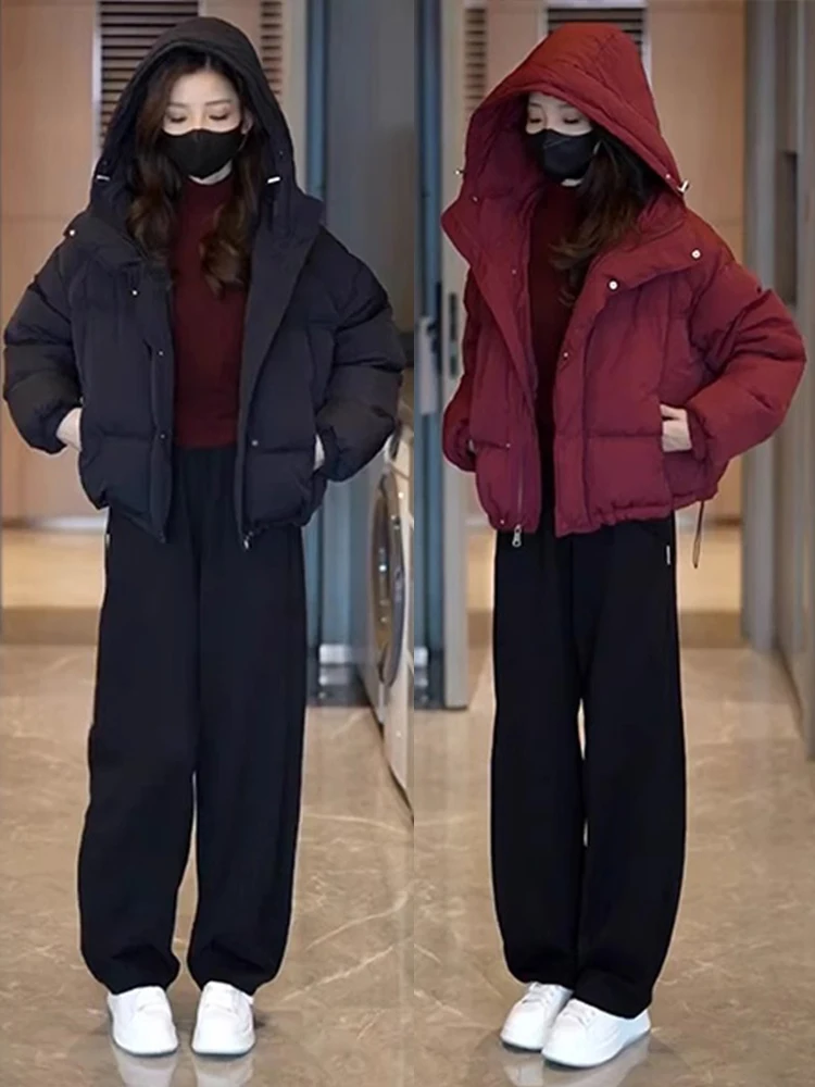 

Red Wine Color ort Thiened Winter Coat for Women with Hood down Cotton Jaet Warm Korean Sle Loose Fit Long Sve Zipper