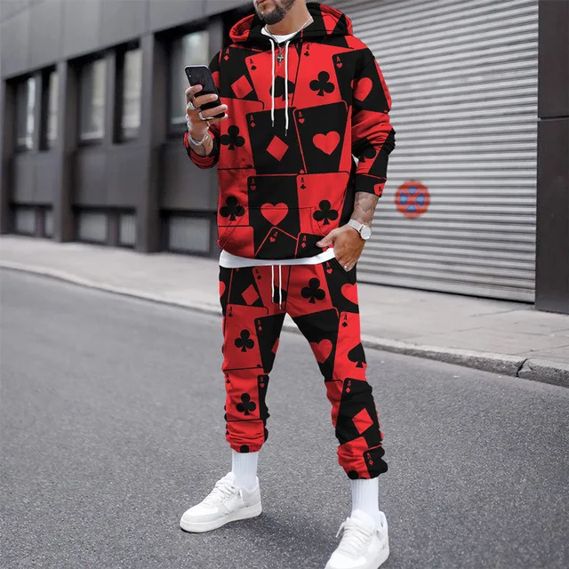 Funny Poker Pattern Men\'s 2-piece Outfits 3D Print Men Women Hooded Sweatshirt Set Street Plus Size Fashion Tracksuit Pants Sets