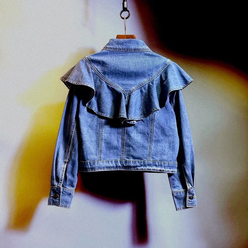 Fashion Ruffles Stitching Thin Denim Jacket Spring Autumn Lapel Single-breasted Long Sleeve Casual Women Short Cowboy Outwear