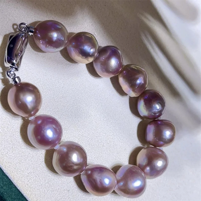 12-13mm Natural Freshwater Pearl Purple Wrinkles Edison Round Baroque Pearl Bracelet Simple Style With Silver Clasp Fine Jewelry