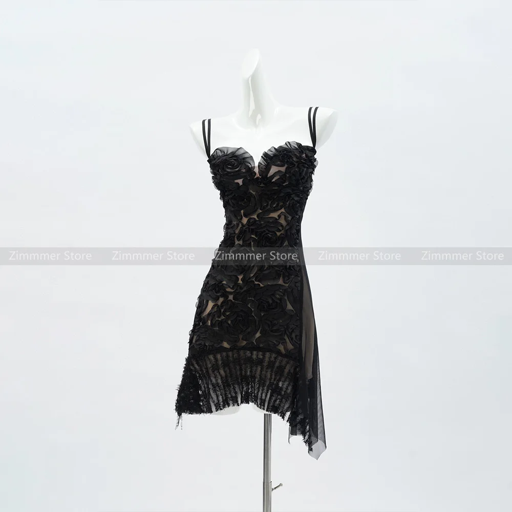 High quality! 2024 summer new black lace V-neck black gauze mesh halter mini short dresses