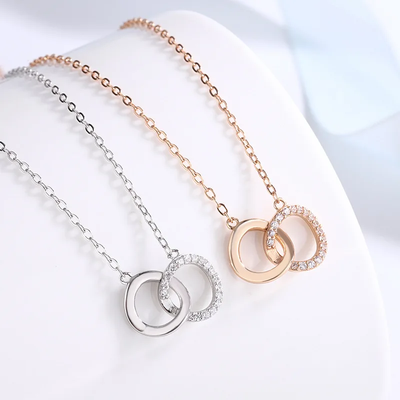 S925 Sterling Silver Mobius Ring Necklace Women's Clavicle Chain Small Design Sense Double Ring Full Diamond Pendant