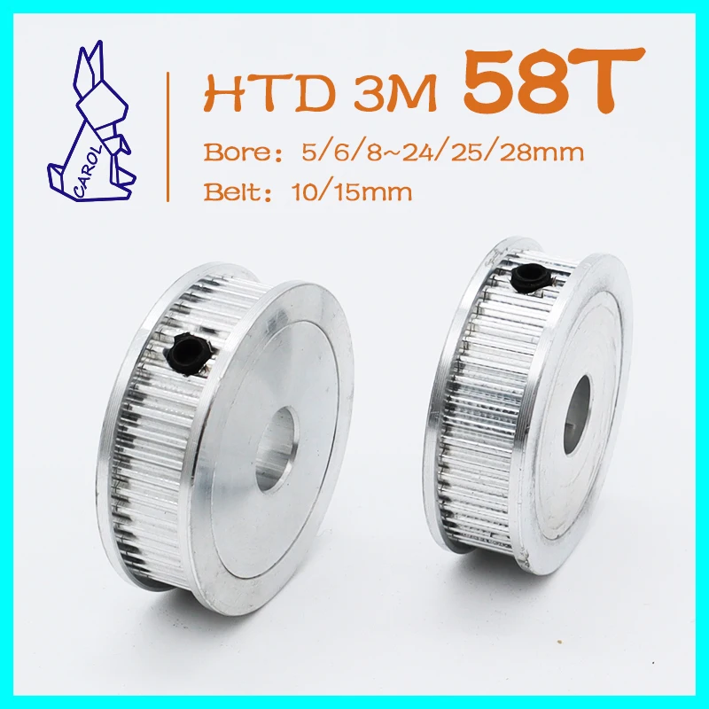 58Teeth HTD 3M Pulley Wheel Gear Bore 5/6/8~17/19/20mm Belt Width 10/15mm 3M Timing Pulley 58T HTD3M Synchronous Pulley 58 Teeth