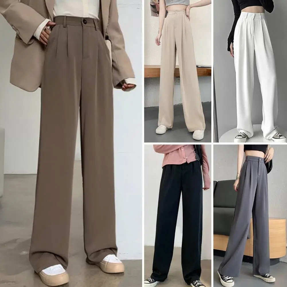 Loose Office Trousers Elegant Women's High Waist Suit Pants with Wide Leg Slant Pockets for Office Casual Wear in Autumn Winter