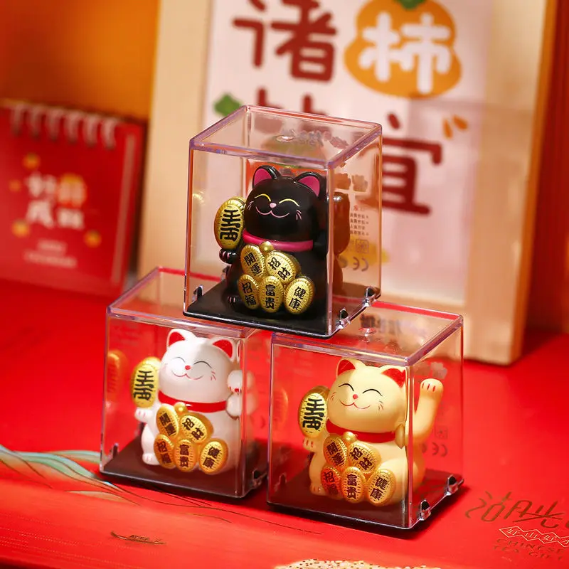2 Inch Lucky Cat Ornament Solar Powered Waving Hand Plastic Lucky Cat Decorations Crafts Chinese Car Office Desktop Figurines