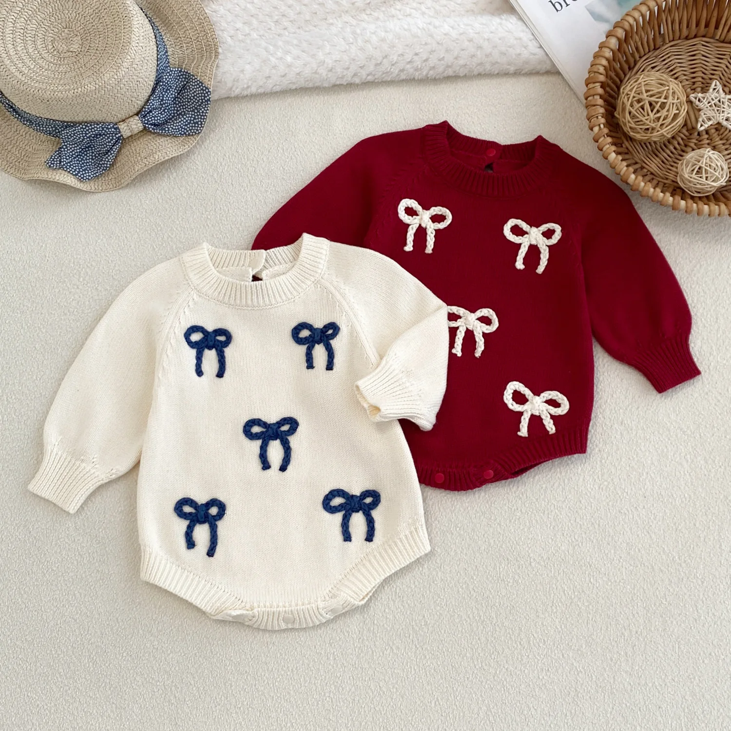 0-24M Newborn Kid Baby Girl Winter Warm Clothes Bow Print Baby Knit Romper Sweater Thick Bodysuit Cute Outfit