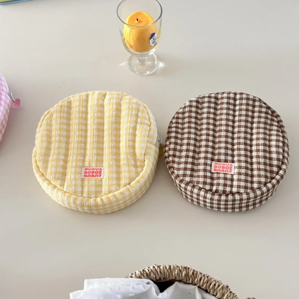 

Round Ins Cosmetic Bag Large Capacity Coin Pouch Plaid Toiletry Organizer Stationery Bag Korean Style Cotton Coin Purse Travel