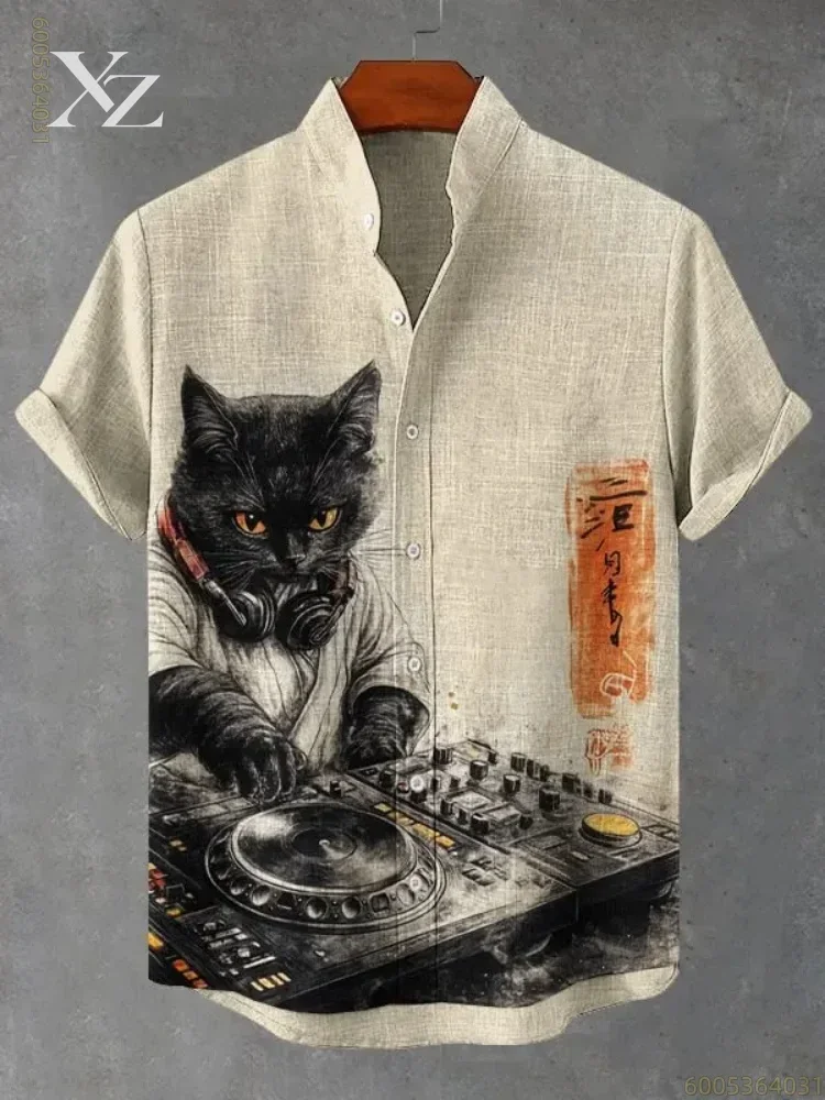 Men's Vintage Cat Print Shirt 2026 New Stand-Up Collar Retro Casual Top Comfortable Fabric Personalized Print Shirt