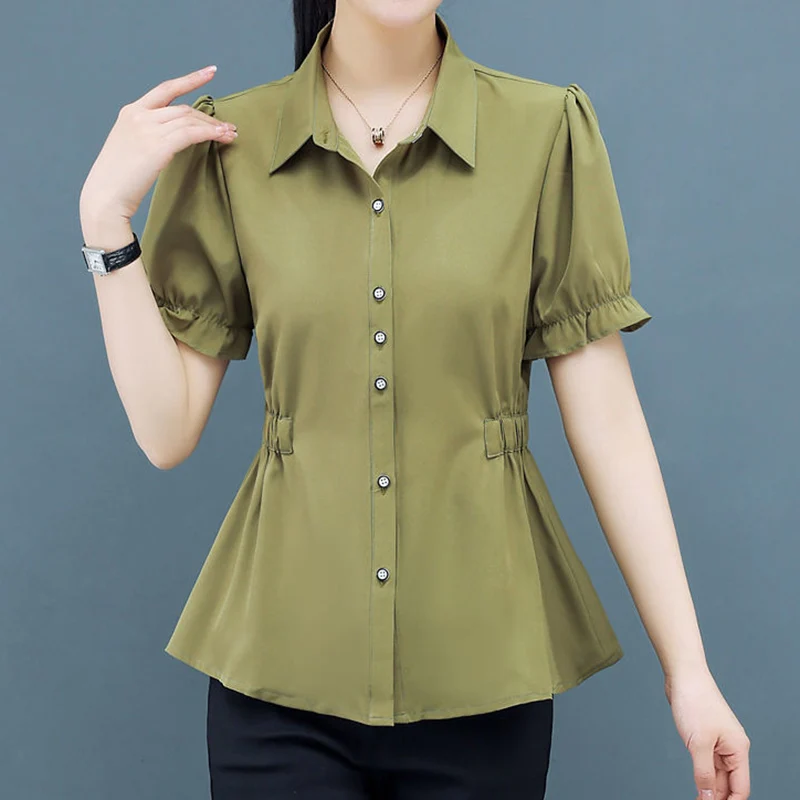 Office Lady Solid Folds Button Chiffon Shirt Summer 2023 Polo-Neck Short Flare Sleeve Slim Tunic All-match Tops Women\'s Clothing