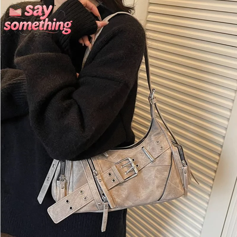 Retro Spicy Girl Motorcycle Bag 2026 New Style Belt Buckle Single Shoulder Slant Cross Bag Multi Pocket Large Capacity Tote Bag