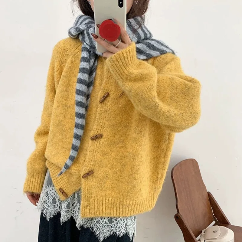 

Women'S Casual Cardigan Sweater Vintage Solid Long Sleeves Knitted Jumper Sweater Horn Buckles Harajuku Clothes Autumn Retro