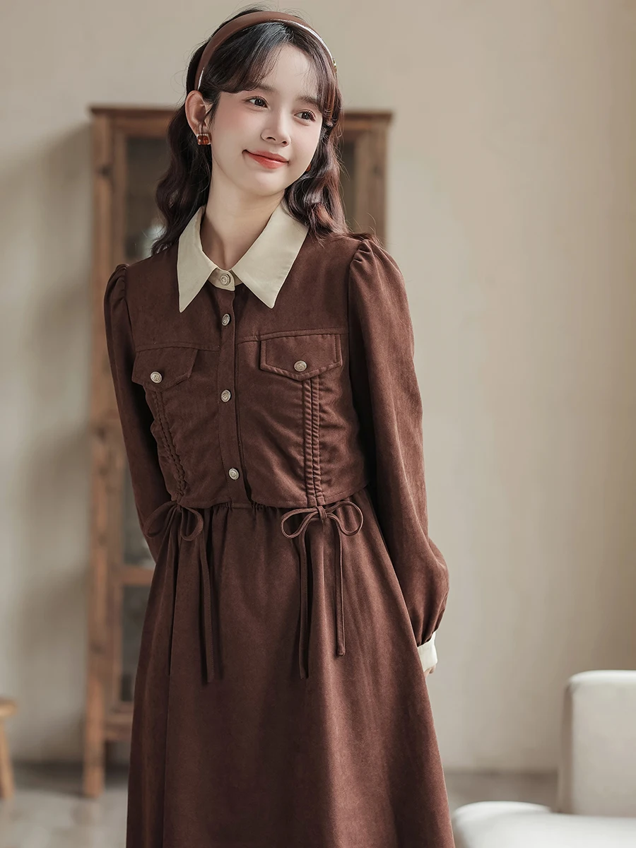 Japan Preppy Style Brown Dress Woman Vintage Chic Design Turn Down Collar Draw String Lady Midi Dresses Vestidos Outono Inverno