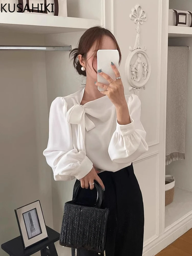 

KUSAHIKI Korean Chic Spring Elegant Tied with Bow and Ribbon Design Versatile Long Sleeved Shirt for Women