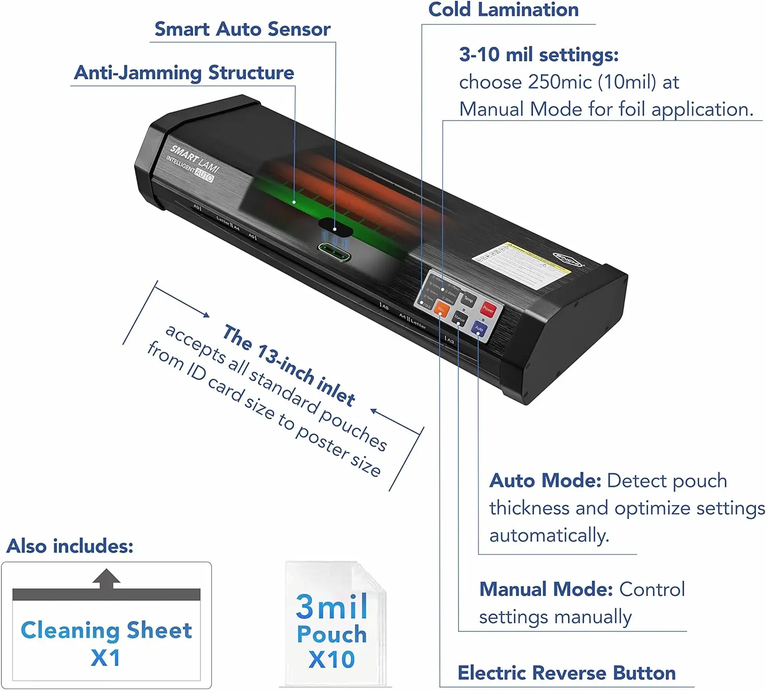 SINCHI Auto Sense, 3-10 mil, laminatrice da 13 pollici per affari/ufficio/scuola, riscaldamento di 50 secondi mai