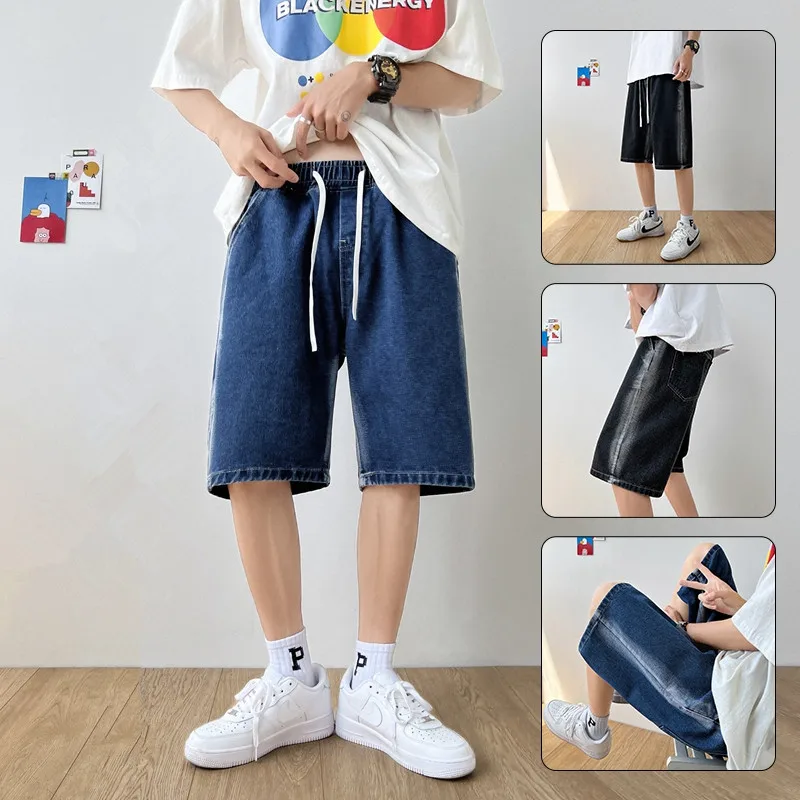 

Denim shorts for men's summer slim fashion label loose and versatile capris for men's ins breathable Hong Kong style trend sport