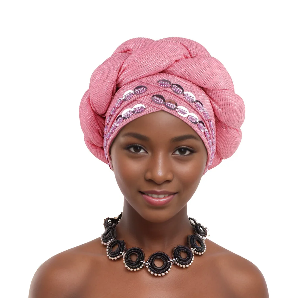 African Auto Gele Headtie Aso Oke Nigeria Sequin Braids Turban Cap for Women Muslim Hijab Bonnet Headscarf Wedding Head Wrap Hat