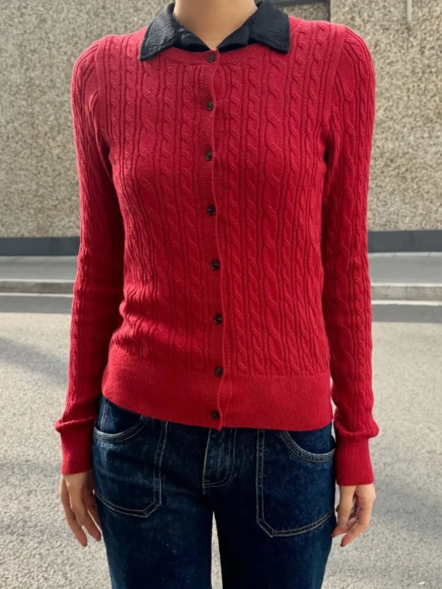 

Twist Flower Red Slim Cardigan Sweater Woman Spring O-Neck Single Breasted Long Sleeve Sweet Knitwear Preppy Style Sweaters Coat