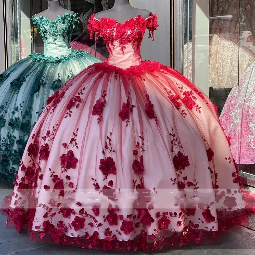 Vestidos De quinceañera con hombros descubiertos, flores 3D, encaje, tren Formal De corte, fiesta De cumpleaños, Princesa, 15 años