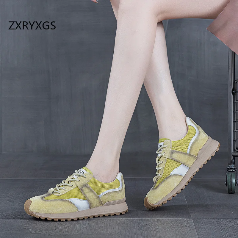 ZXRYXGS 2025 Lace-up Splicing Spell Color Women Genuine Leather Sneakers Breathable Comfort Non-slip Flat Sneakers Travel Shoes
