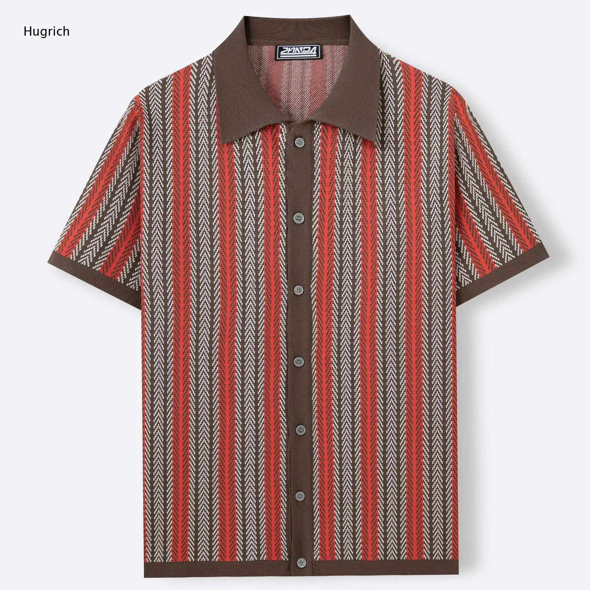 Men's Breathable Chevron Herringbone Vertical Stripe Contrast Collar Knit Shirt