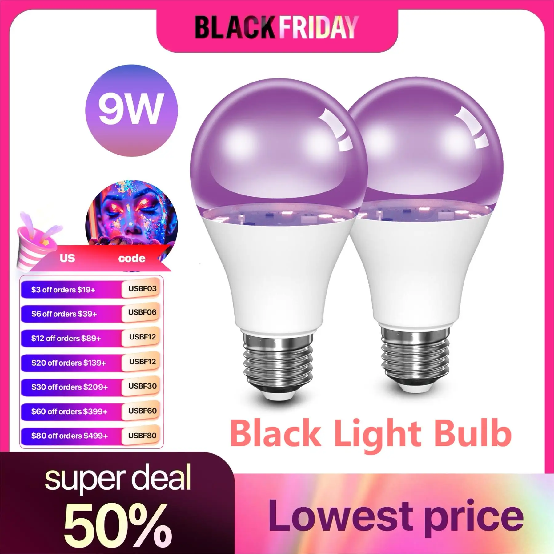 E26 LED Black Light Bulb Halloween 110V 9W UVA Level 385-400mm Glow in Dark for Body Art Paint Club Neon Posters Led Blacklight