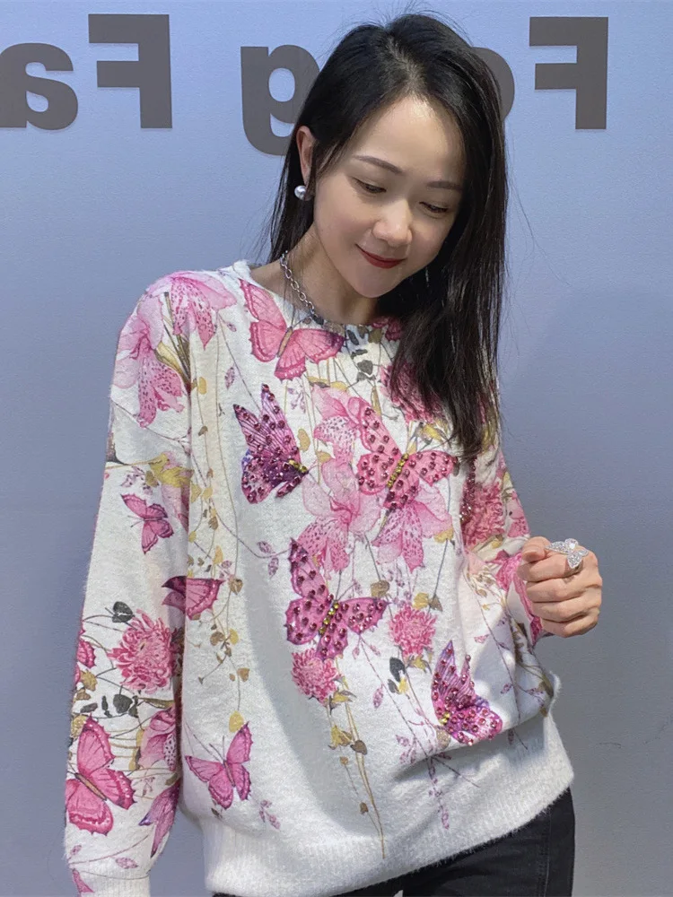 

Women Butterfly Knitted Top Autumn Winter Loose Casual Round Neck Knitted Pullover Jumpers Loose Print Knitted Top For Women
