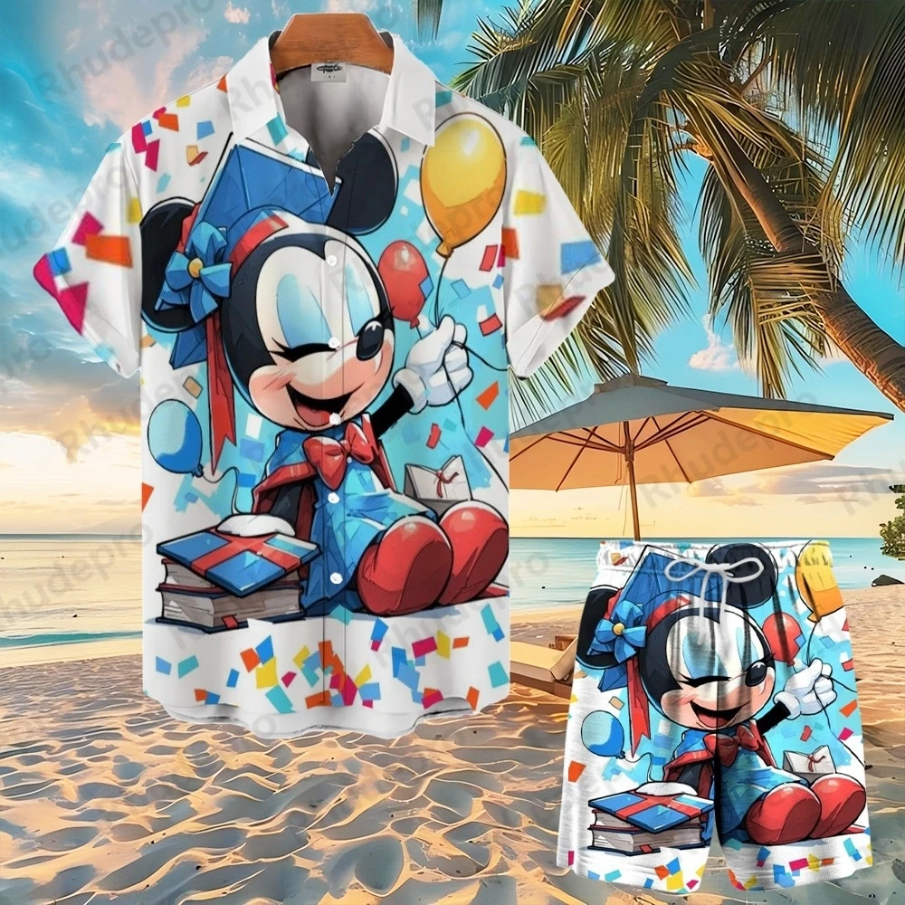 2025 ディズニーミッキーマウス 3d プリントアロハシャツスーツ男性と女性のファッションボタン半袖ショートスーツビーチ