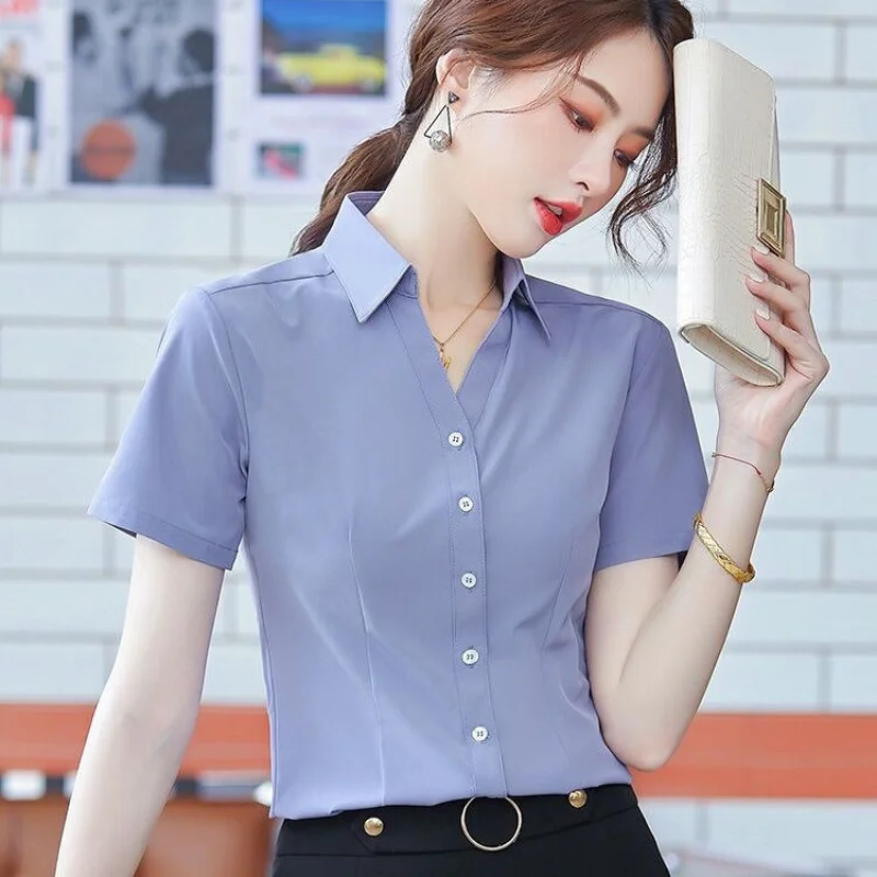 

Office Lady Button Slim Blouse Summer New Polo Neck Short Sleeve Solid Color Simplicity Shirt Tops Elegant Fashion Women Clothes