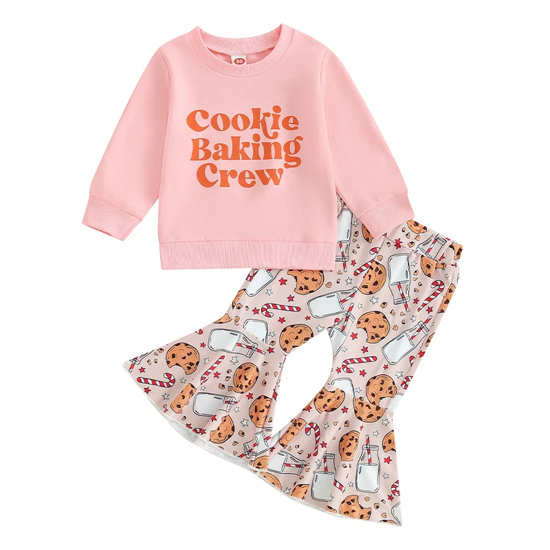 2023-09-05 Lioraitiin 6M-4Y Toddler Baby Girls Christmas Outfits Long Sleeve Letter Sweatshirt and Cookies Flared Pants Set Suit